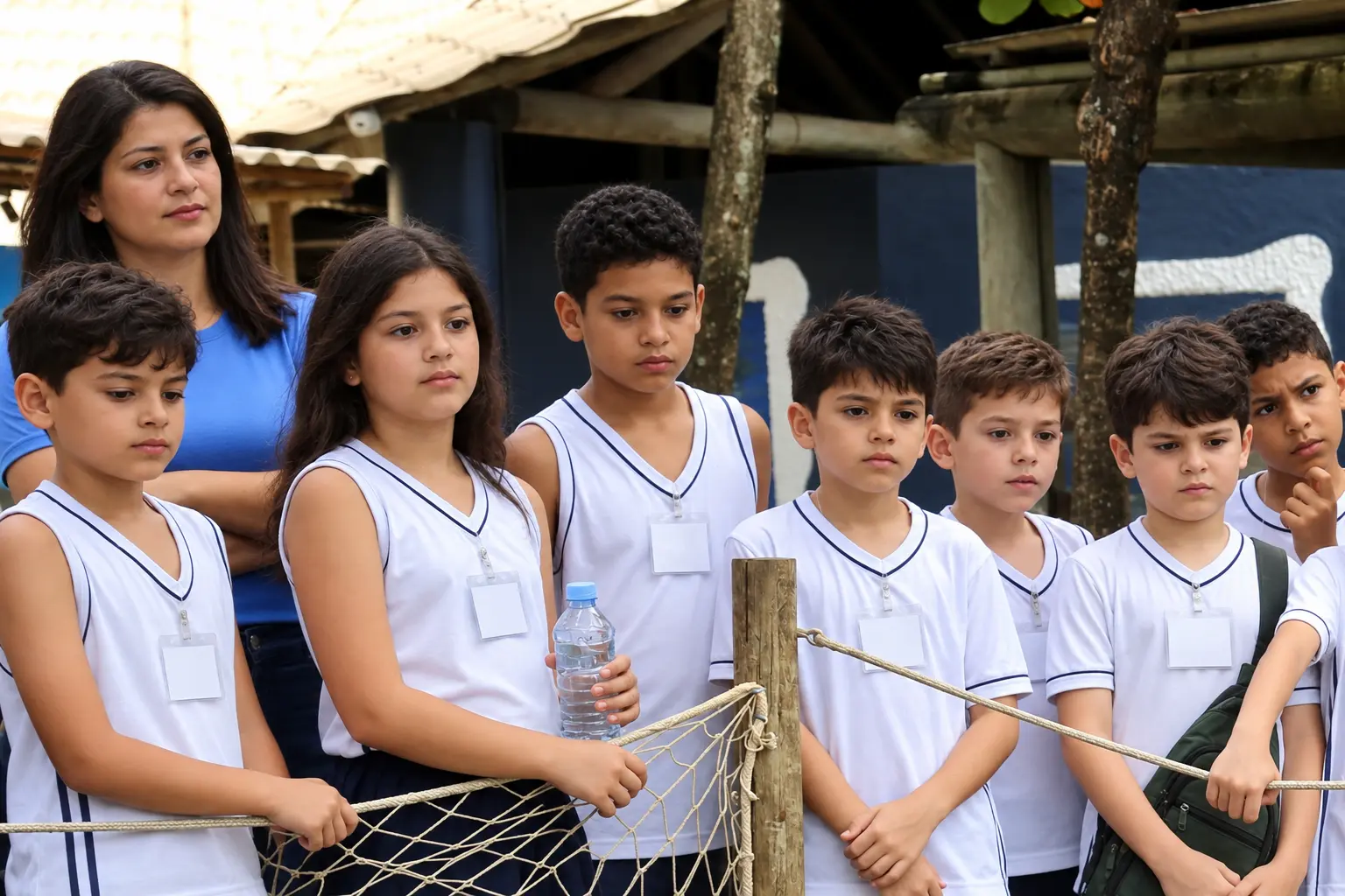 Alunos da Escola Aplicação com a farda da escola durante aula de campo no Projeto Tamar