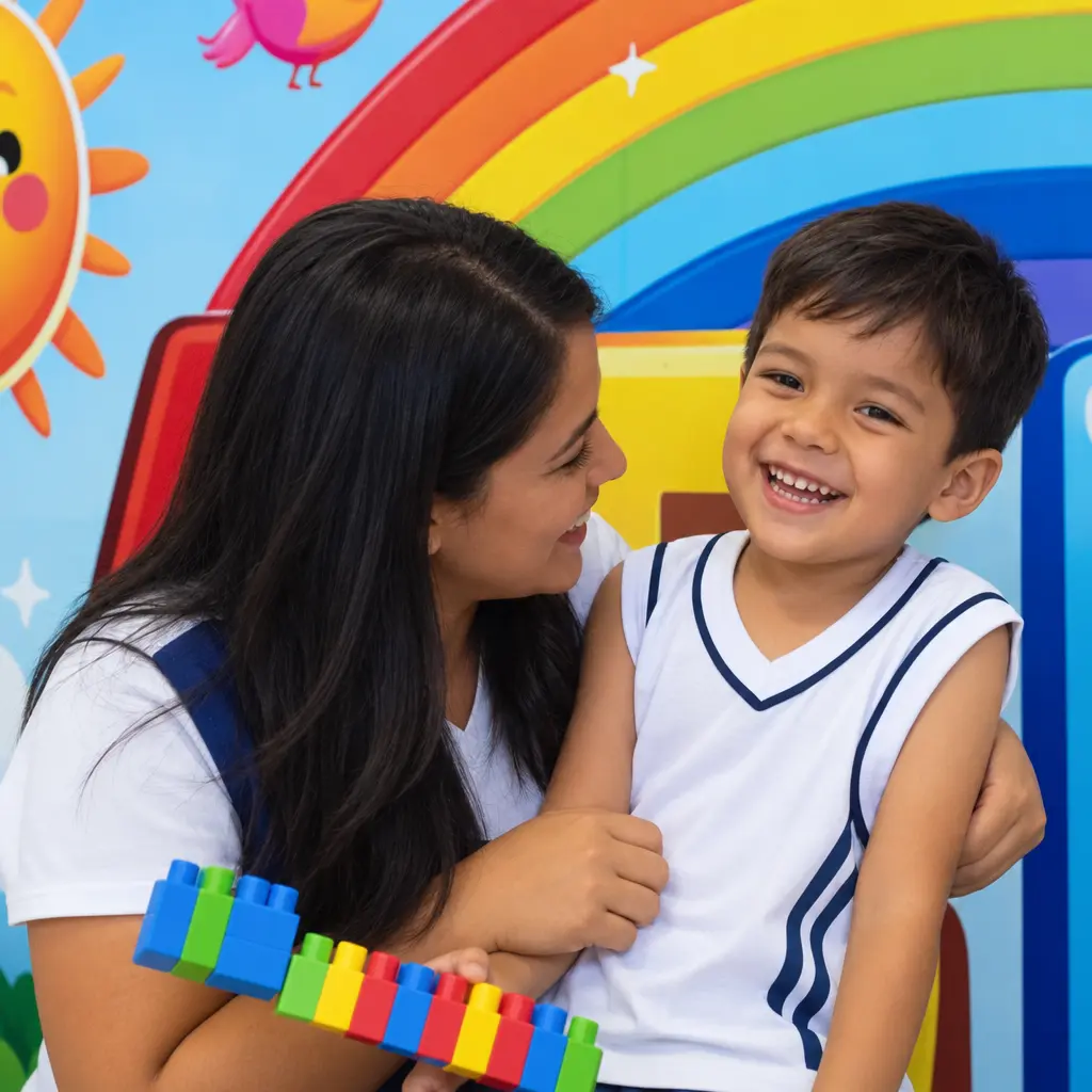 Professora da Escola Aplicação abraçando um aluno sorridente diante do painel de arco-íris da sala