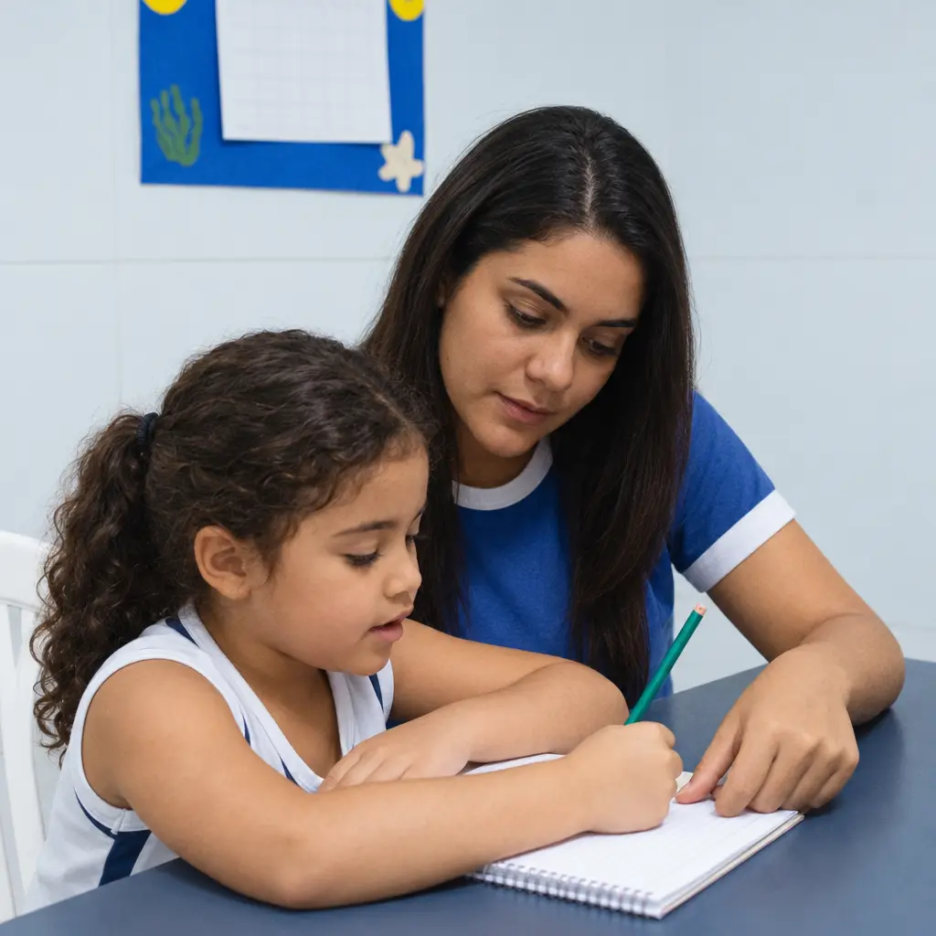 Professora da Escola Aplicação acompanhando uma aluna na atividade do caderno